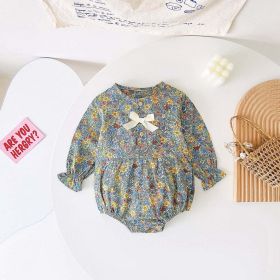 Baby Girl Ditsy Flower Pattern Bow Patched Design Korean Style Onesies (Color: Green, Size/Age: 73 (6-9M))
